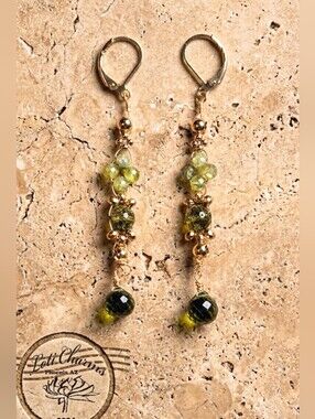 Genuine Peridot In Handwoven Handmade Artisan Long Drop Gold Plated Earrings